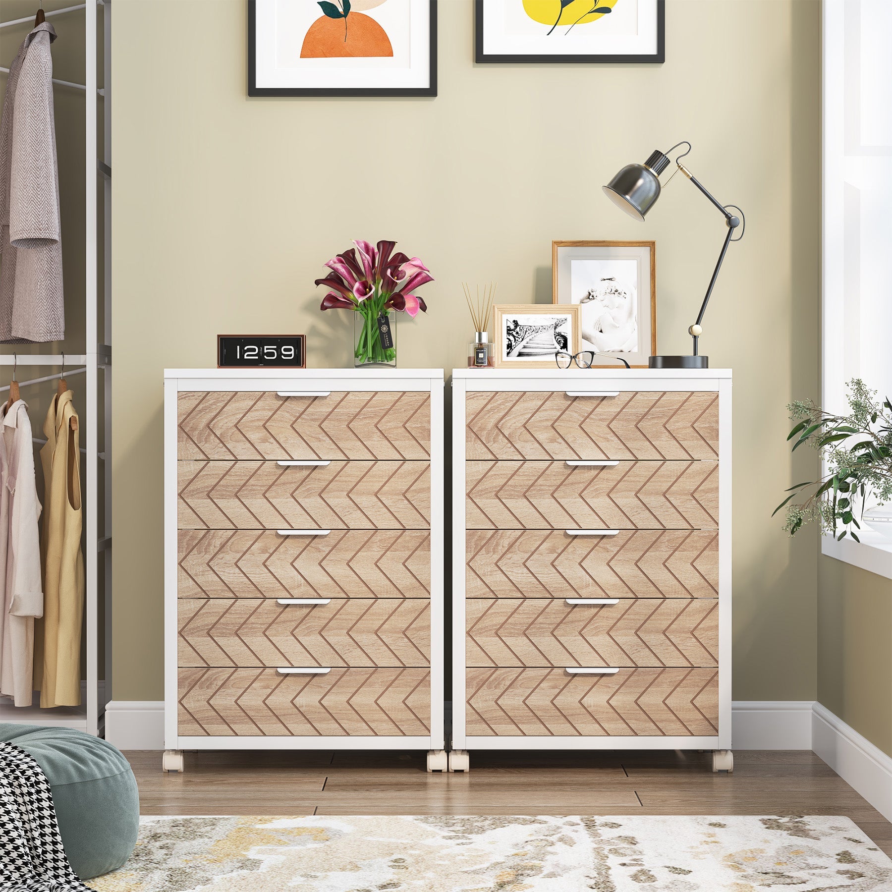 5/7 Drawer Chest, Wood Storage Dresser Cabinet with Wheels Tribesigns